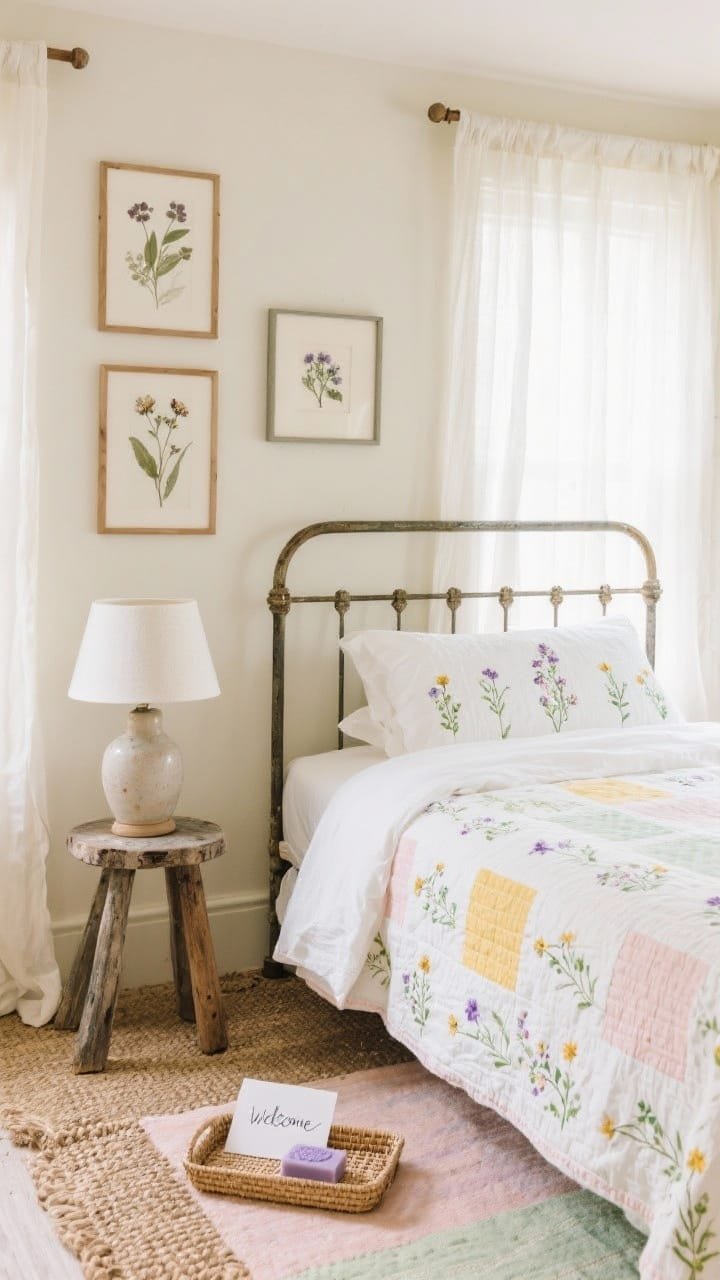 Detail closeup of a wildflower-themed guest bed vignette: vintage iron bed dressed in crisp white percale and a block-printed quilt with tiny wildflower motifs in soft blush, butter yellow, and sage; mismatched wooden stool nightstand with a petite ceramic lamp; creamy wall with botanical prints in slim oak frames and a pressed flower in a floating frame; sheer cafe curtains letting light rise softly; edge of natural sisal rug with a smaller pastel rug layered; a woven tray with lavender soap and a handwritten welcome note; welcoming, airy mood