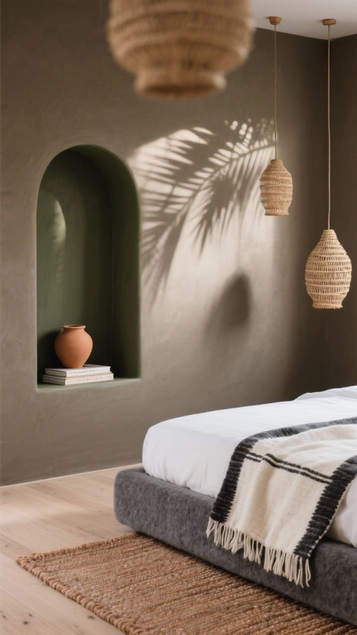 Detail closeup of the Palm-Shadow bedroom focusing on sculptural minimalism: graphite boucl&eacute; low platform bed corner with crisp white linen and an ivory-on-ivory mudcloth throw, charcoal pillow sham edge visible, tall arched niche painted deep olive holding a single terracotta vessel and slim book stack, soft palm leaf shadows moving across a taupe wall, pale oak floor with a muted clay-toned flat-weave rug edge; two handwoven raffia pendants hanging low blurred in background; serene, spa-like mood; photorealistic.