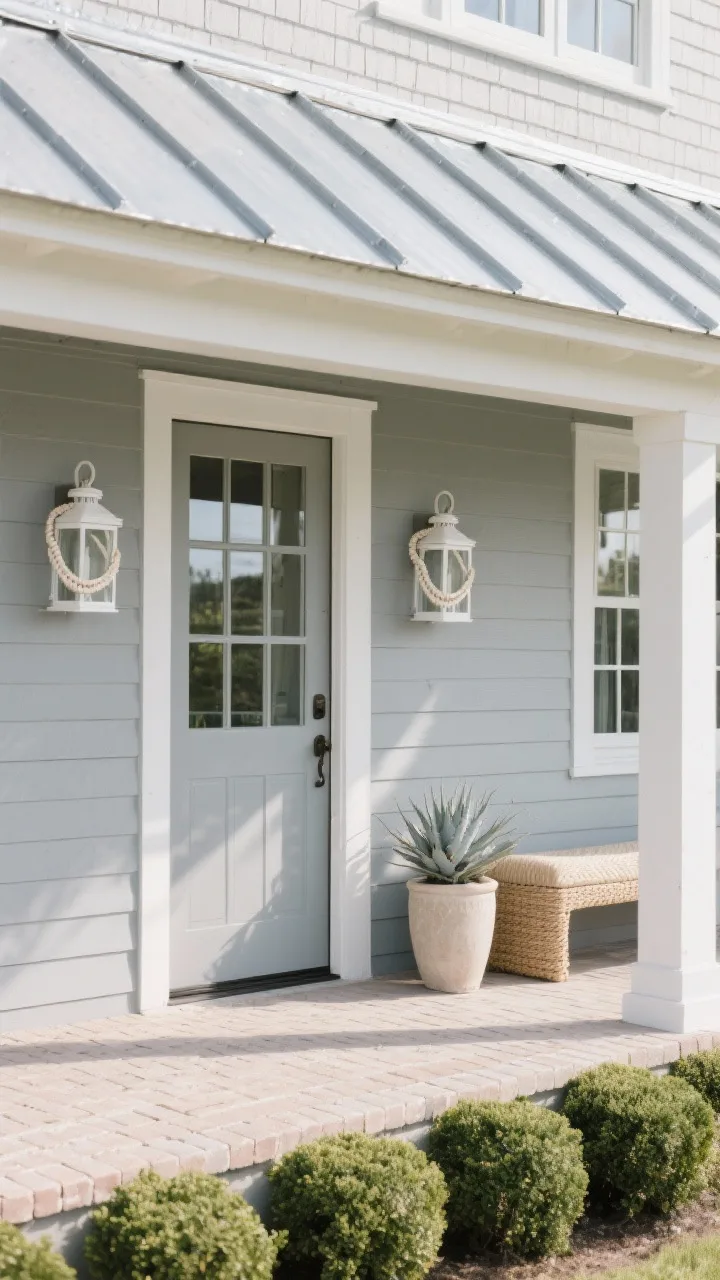 Detail closeup of the &ldquo;Pebble Gray Coastal Farmhouse&rdquo; porch: tone-on-tone board-and-batten siding painted gentle pebble gray with subtle texture, cool galvanized standing-seam roof edge catching light. Six-lite glass front door with slim sidelights, pair of matte-white rope-wrapped lanterns, woven bench cushion in oat, slender pot of sea holly nearby. Foreground shows pale brick pavers and a tidy row of boxwood clouds softening the base of the siding. Soft morning light, palette of pebble gray, soft white, and galvanized silver. Photorealistic.