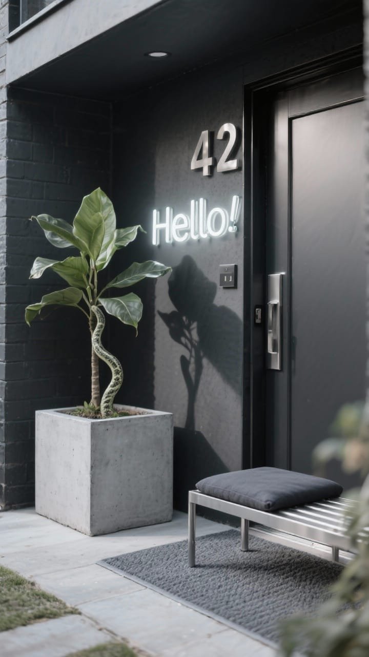 Detail closeup of urban chic entry materials: charcoal door edge with sleek stainless modern house numbers, oversized concrete cube planter with a tall snake plant casting crisp shadow, graphite outdoor runner texture visible, slim metal bench with charcoal cushion in soft focus, optional neon “Hello” sign glow reflecting subtly, palette of charcoal, black, white, and steel, sharp and modern.