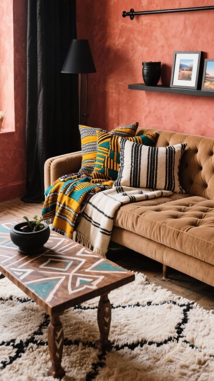 Detail closeup, overhead of textile layering: Soft red clay wall in background blur. On a tufted camel sofa, a pile of wax print cushions, striped kente-inspired throws, and mudcloth bolsters in cream and black. Foreground edge shows a hand-painted wood coffee table with geometric motifs over a Beni Ourain-style rug. Accents peeking in: black iron curtain rod, matte black planter, sleek picture ledge displaying travel photos. Palette: clay, camel, cream, black with pops of saffron and teal. Natural daylight.