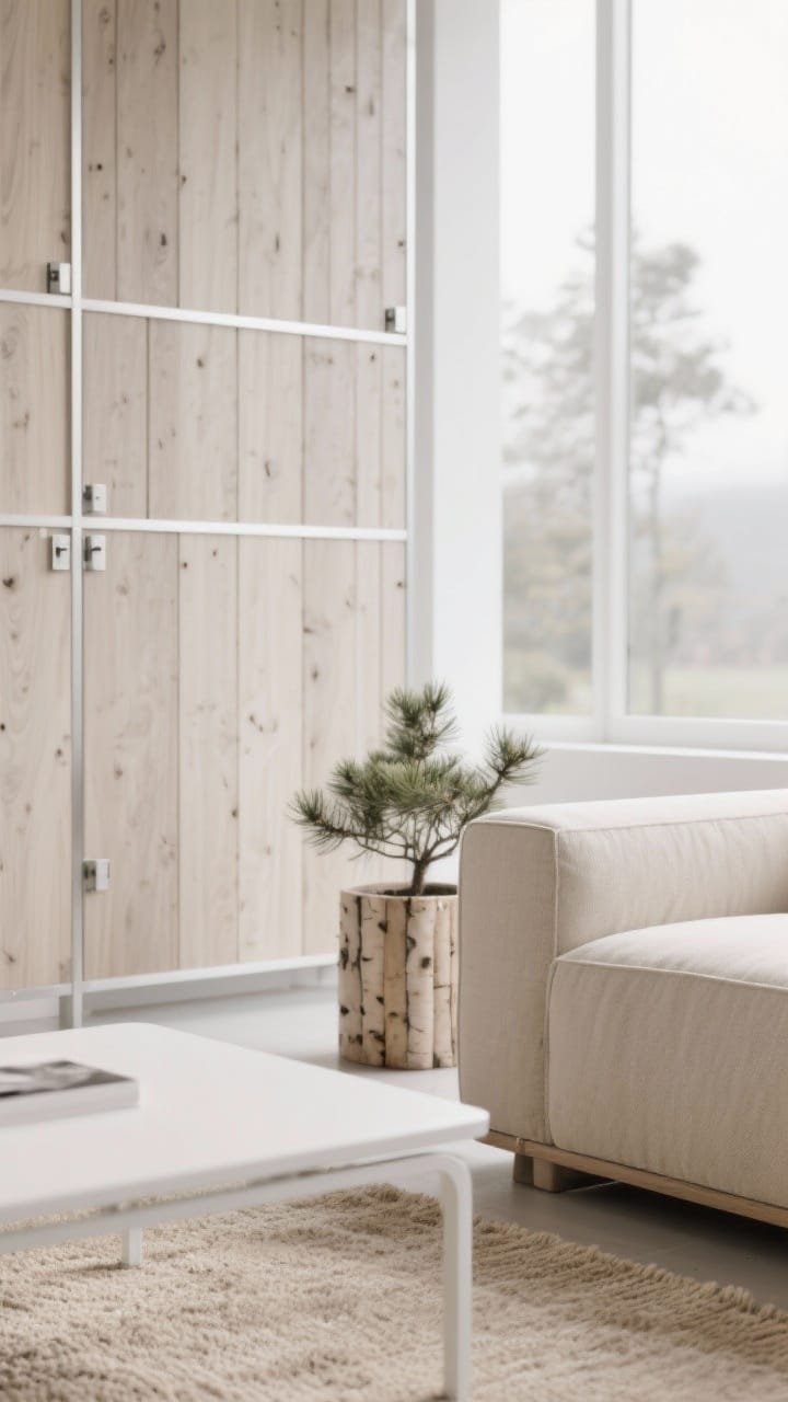 Detail closeup, Scandinavian neutrals: light ash-tone composite wood slat screen with perfectly aligned seams and hidden hardware; foreground shows white powder-coated coffee table edge, a sand-colored rug texture, and the corner of a boxy sofa in oatmeal performance fabric; birch-look planter with dwarf pine blurred in background; soft overcast daylight for gentle contrast; colors ash, oatmeal, sand, white; materials composite slats, aluminum, performance textiles; photorealistic macro texture focus.