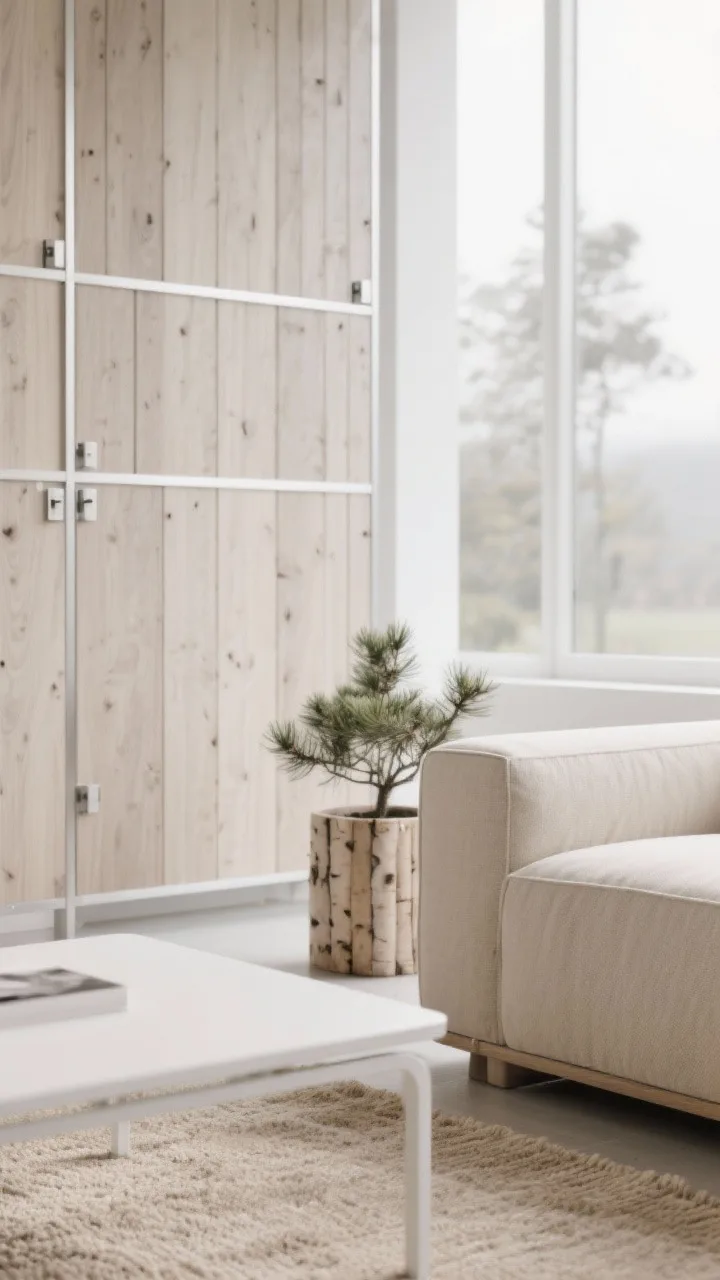 Detail closeup, Scandinavian neutrals: light ash-tone composite wood slat screen with perfectly aligned seams and hidden hardware; foreground shows white powder-coated coffee table edge, a sand-colored rug texture, and the corner of a boxy sofa in oatmeal performance fabric; birch-look planter with dwarf pine blurred in background; soft overcast daylight for gentle contrast; colors ash, oatmeal, sand, white; materials composite slats, aluminum, performance textiles; photorealistic macro texture focus.