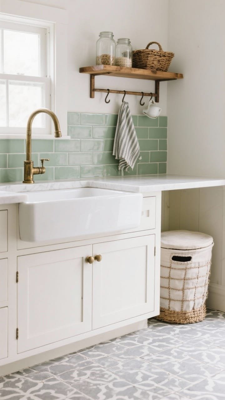 Detail closeup, Soft Modern Farmhouse accents: warm white shaker cabinet front with aged brass pull, muted sage green backsplash tile, floating wooden shelf above with baskets and glass jars, peg rail holding a striped tea towel, edge of a lidded hamper nearby; patterned cement-look tile floor in grey and white visible; apron-front white fireclay sink just in frame; cozy yet clean lines; natural soft light; photorealistic.
