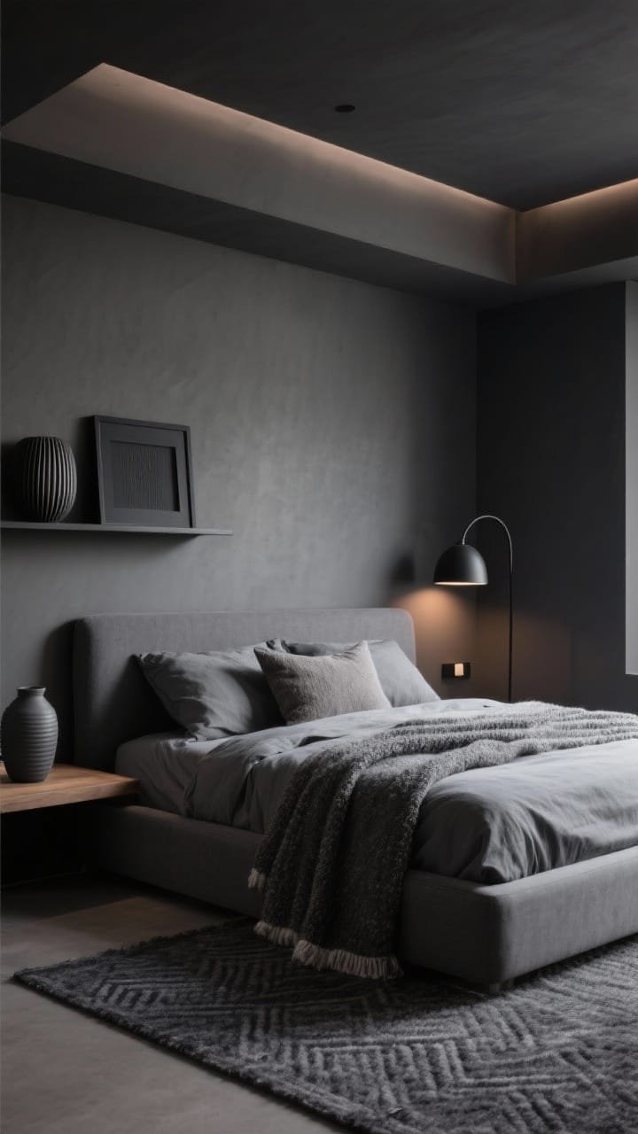 Detail closeup, straight-on crop from a &ldquo;Monochrome Charcoal Cocoon&rdquo;: continuous soft charcoal finish across wall, trim, and ceiling creating cocoon effect; platform bed with low charcoal headboard; stonewashed linen duvet in slate; tonal pillows in graphite, pewter, and ash; textures emphasized&mdash;ribbed ceramics and matte-black frames on a floating nearly-black oak shelf; wool boucl&eacute; throw draped at the edge; warm pool of light from a black arc floor lamp and subtle recessed dimmers; thick charcoal wool rug with a faint geometric weave visible at bottom of frame; photorealistic, minimal, calm.