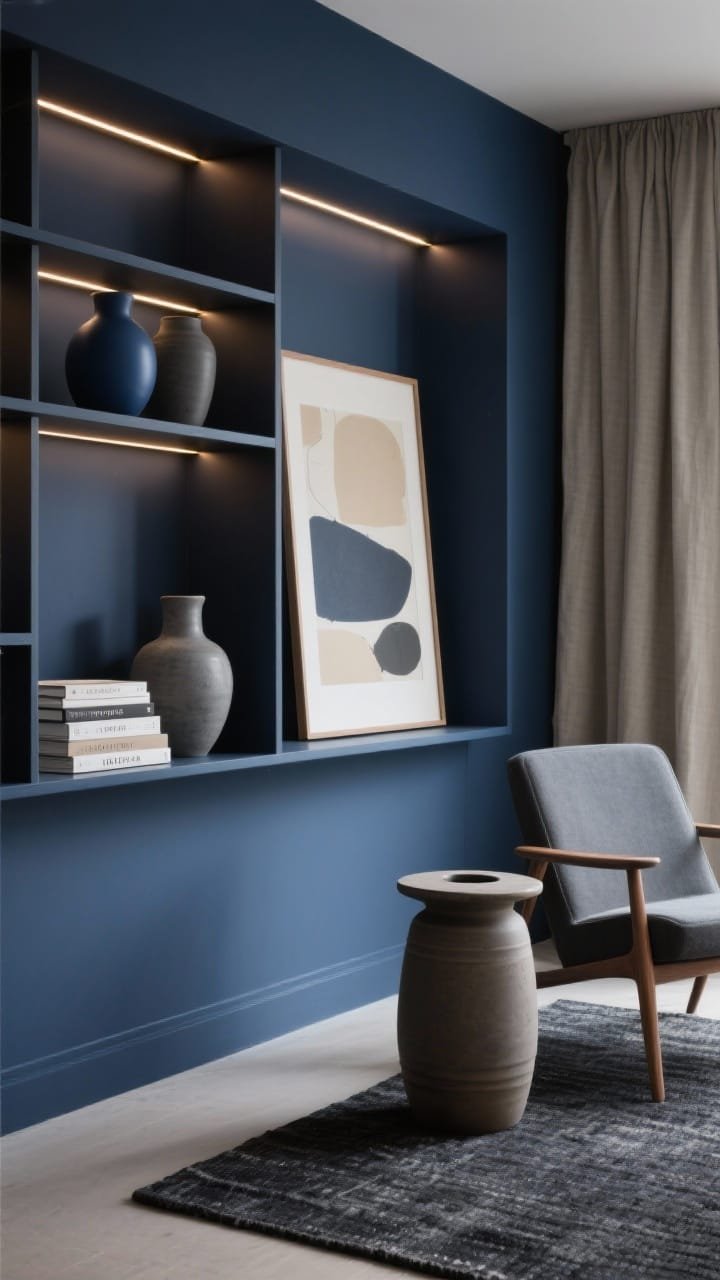Detail closeup, straight-on shelf focus: An affordable flat-pack bookshelf painted the same inky indigo as the wall for a built-in look, with warm LED tape lighting backlighting shelves. On the shelves, matte ceramic vessels in navy, slate, and sand, design monographs stacked horizontally, and a muted abstract print leaning behind. In soft focus to the side, a graphite structured lounge chair with slim wood arms and a low ceramic drum table. Flatweave charcoal rug edge visible; single linen curtain panel pooling slightly. Sleek, dramatic, photorealistic.