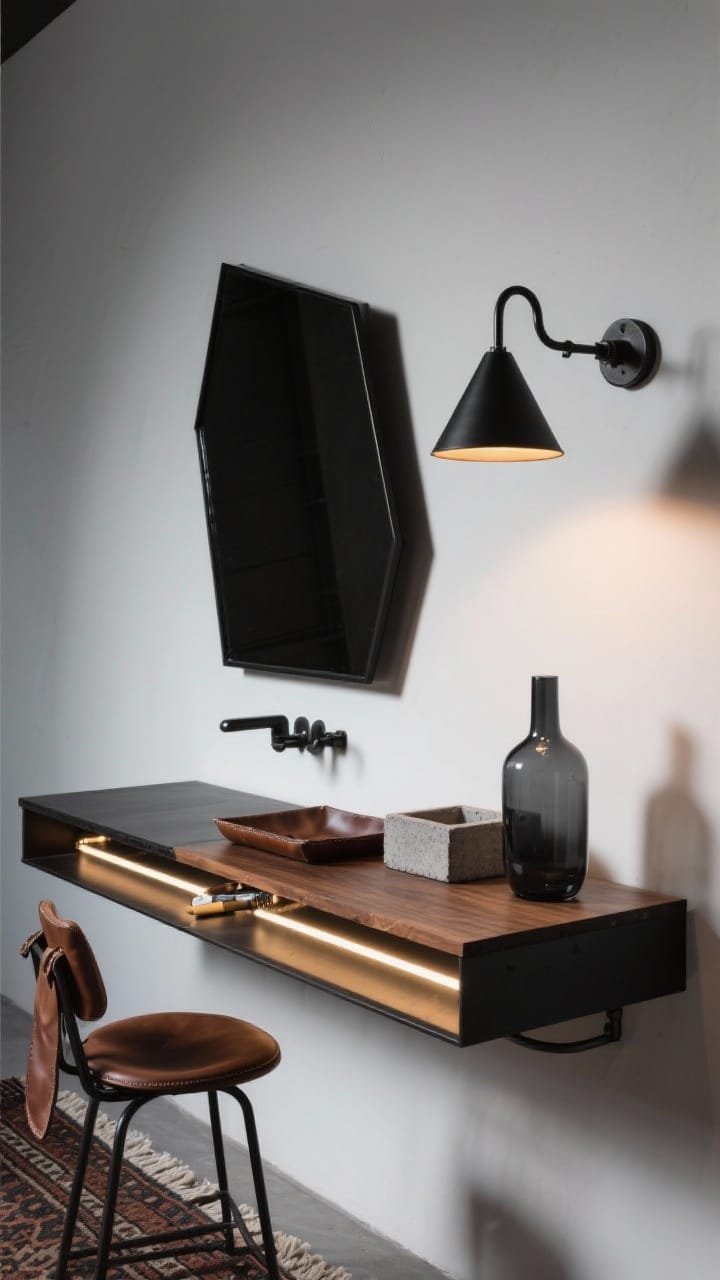 Detail closeup, three-quarter angle: Industrial shadow station focusing on an asymmetrical matte-black metal mirror above a blackened steel vanity with a slim profile and smoked oak top. A single pivoting arm sconce with a cone shade mounted overhead throws a focused, warm beam (2200&ndash;2700K), while an under-shelf LED strip softly illuminates tools below without face glare. On-surface accents: leather valet tray, concrete catchall, and a charcoal glass vase; textures of metal, leather, and raw wood emphasized. A low leather sling stool peeks in; a wool kilim edge adds warmth. Gritty yet sleek, no people.