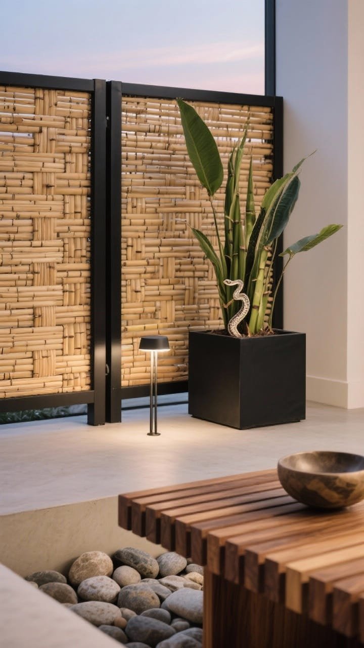 Detail closeup, urban zen grid: tightly woven rolled bamboo fence panel framed by slim black aluminum posts; square black planter holding a snake plant beside the frame; foreground shows slatted teak coffee table edge and smooth river stones with a single sculptural bowl; soft dusk glow from minimal stake lights; colors blonde bamboo, black, ecru, teak; materials bamboo, aluminum, teak; shallow depth of field, photorealistic.