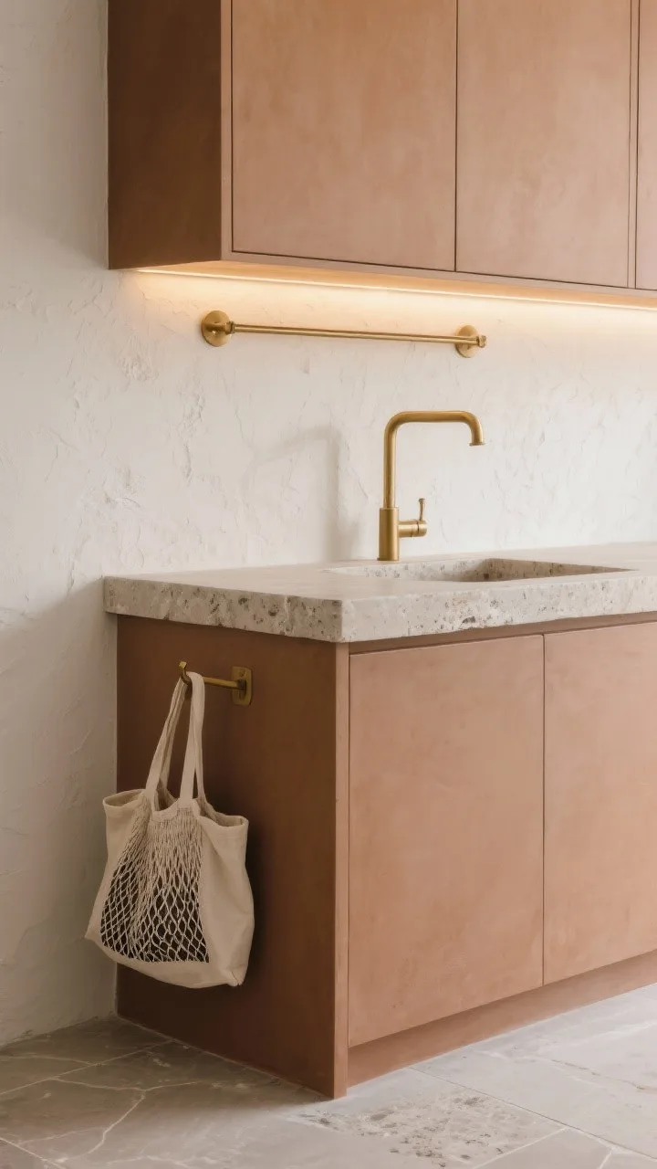 Detail closeup, Warm Clay Minimalism textures: flat-panel warm clay cabinet face meeting a greige limestone-look countertop edge, micro-textured off-white plaster backsplash softly lit by warm LED under-cabinet strip, a brushed brass wall-mounted drying rail with a cotton canvas bin below and oversized hook holding a market bag; large-format stone-look porcelain floor slightly visible; earth-toned palette (clay, bone, greige, brushed brass), tranquil, tactile, photorealistic.