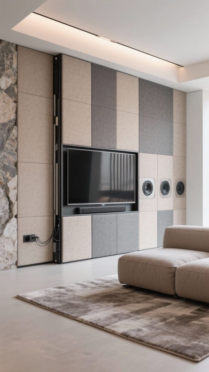 Detail/medium hybrid, straight-on: A high-tech hidden panel wall of flush acoustic panels in fabric tones of mushroom, stone, and graphite, with a TV concealed behind motorized sliding slats partially open to reveal the screen. In-wall speakers and recessed sub integrated invisibly, no visible wiring. A low modular sofa and soft tonal rug in foreground, smart lighting casting even, gallery-like illumination. Sleek, ultra-clean, photorealistic, no people.