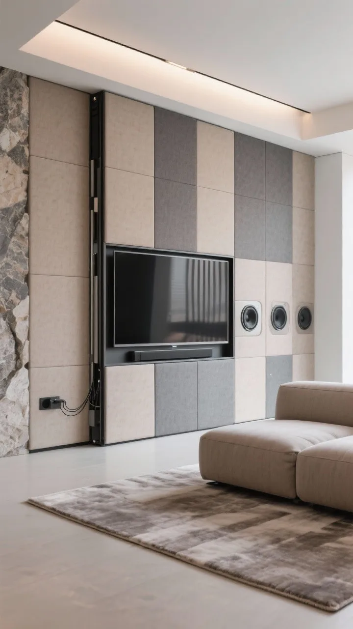 Detail/medium hybrid, straight-on: A high-tech hidden panel wall of flush acoustic panels in fabric tones of mushroom, stone, and graphite, with a TV concealed behind motorized sliding slats partially open to reveal the screen. In-wall speakers and recessed sub integrated invisibly, no visible wiring. A low modular sofa and soft tonal rug in foreground, smart lighting casting even, gallery-like illumination. Sleek, ultra-clean, photorealistic, no people.
