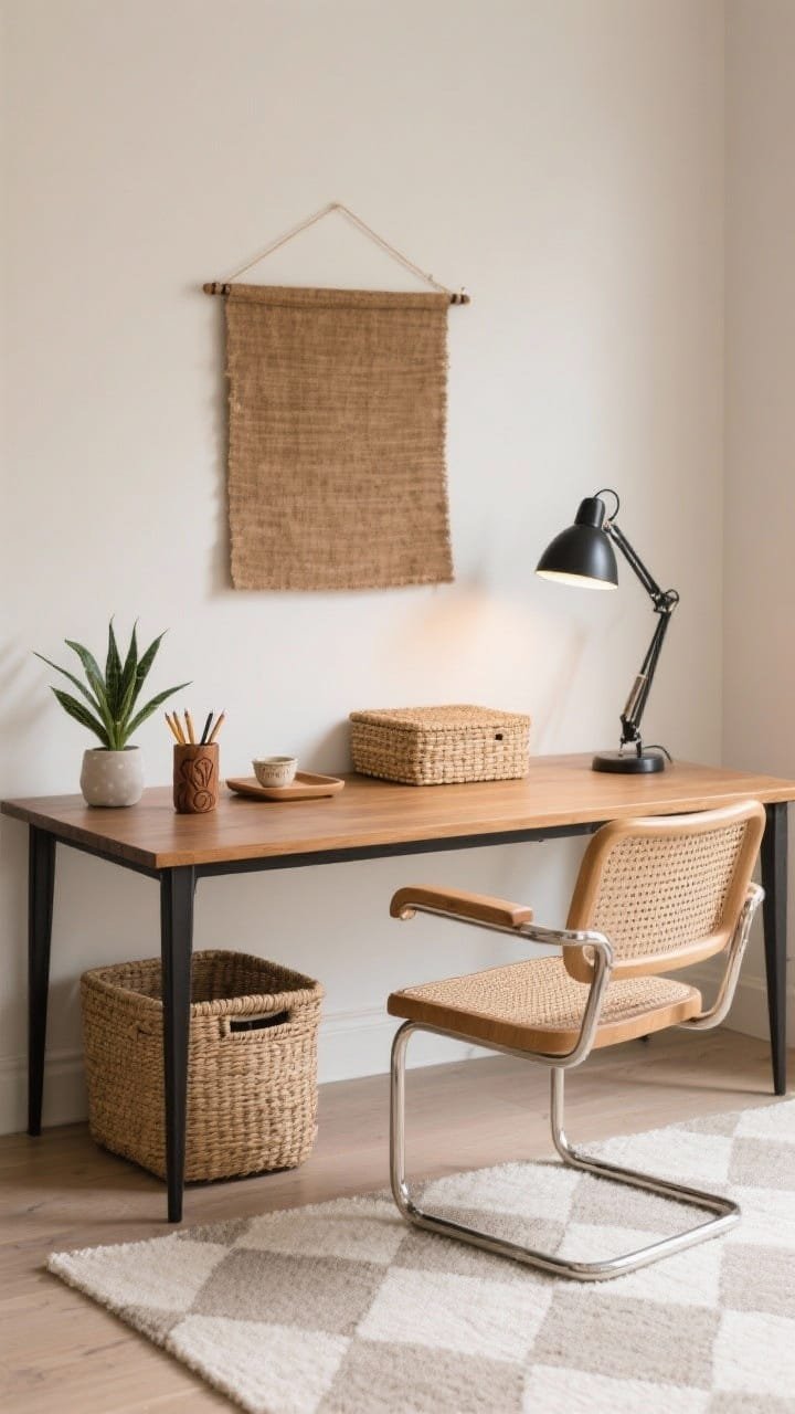 Detail-oriented medium shot of a calm workspace: light mushroom wall backdrop; slim black metal desk with a wood top; cane-backed chair; low-profile woven ottoman tucked under the desk; a single mudcloth wall hanging centered behind the desk; carved wood pencil cup and petite ceramic tray on the desktop; woven lidded basket for hidden storage under the desk; matte black cone-shade task lamp; flat neutral rug with a subtle checker weave; a small ZZ plant for greenery; bright but soft task lighting, slightly angled perspective.