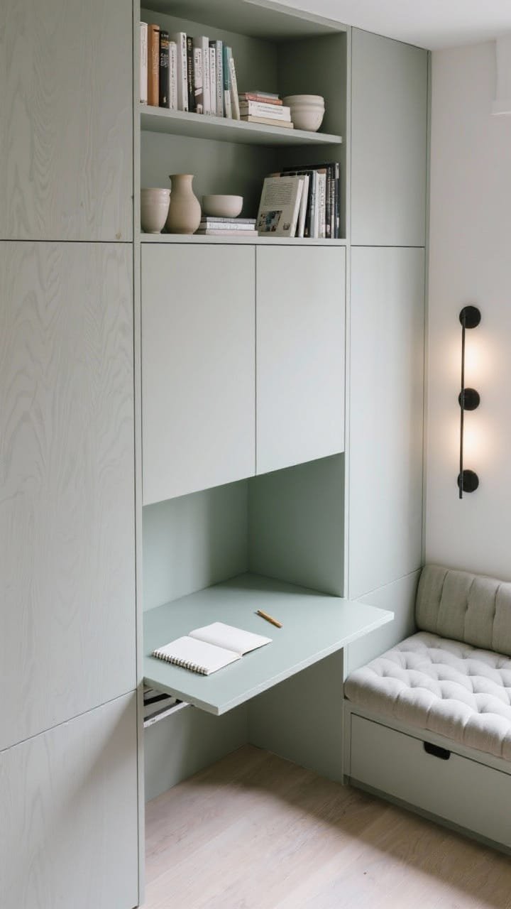 Detail overhead shot of a compact studio&rsquo;s built-in wall: floor-to-ceiling pale birch cabinetry with open shelves above (holding neatly arranged books and ceramics), closed cabinetry below, and a fold-down desk partially open with a notebook and pencil; palette in cloud gray and soft sage accents; nearby tufted daybed edge with under-drawer pulls just visible; wall-mounted sconce trio casting focused task light; serene, organized mood.