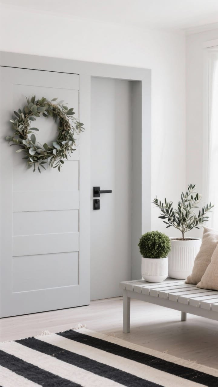 Detail shot of Scandinavian minimal textures: light gray door with matte black hardware partially visible, low-profile slatted bench with oatmeal and flax cushions, simple eucalyptus wreath on the door, white ceramic planters with structured olive topiary and myrtle, thin black-and-white striped runner, soft diffused daylight, palette of light gray, black, white, and soft beige, calm and clean lines.