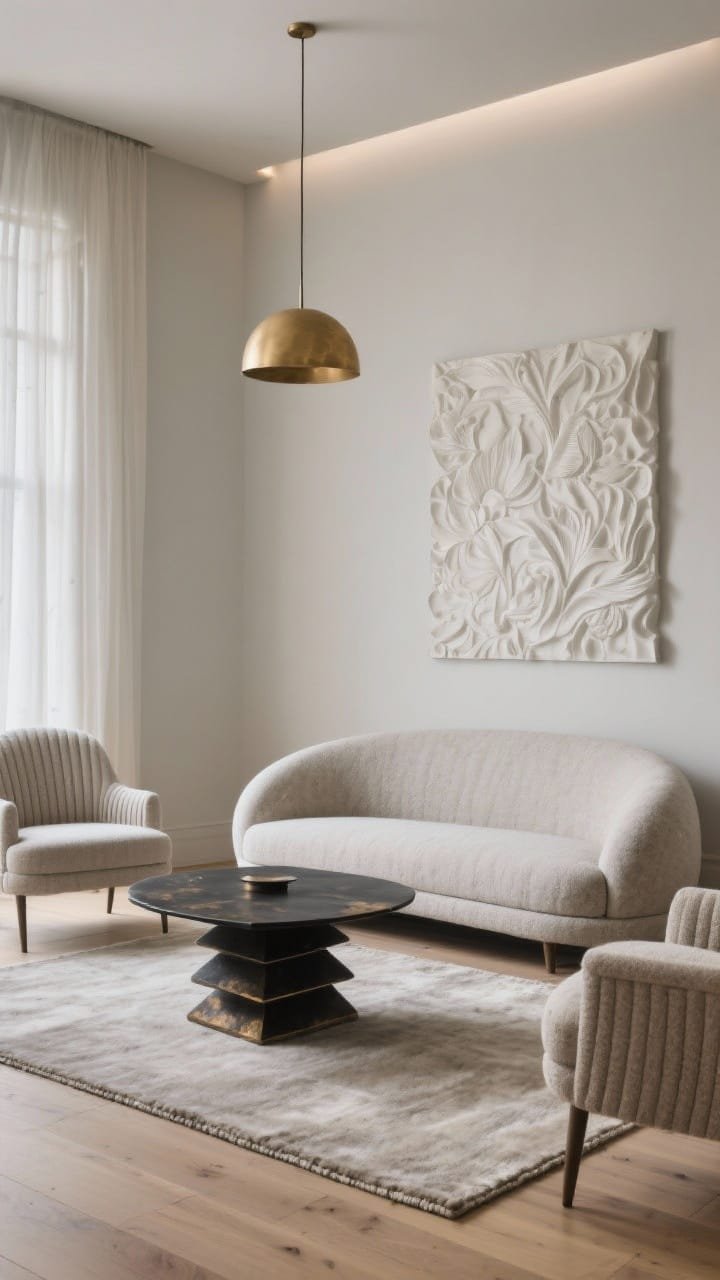 Detail shot, serene photorealistic vignette: soft greige wall and pale oak floor backdrop. Foreground features a sculptural crescent sofa in stone linen edge with two club chairs with fluted backs partially visible. A blackened bronze coffee table with stepped base, its patina catching soft light. Large gypsum relief art panel on the wall casting subtle shadows, sheer drapes barely visible. Single brass disc pendant overhead, minimalist uplights grazing the wall. Tonal wool rug with faint border. Calm gallery mood; no people.