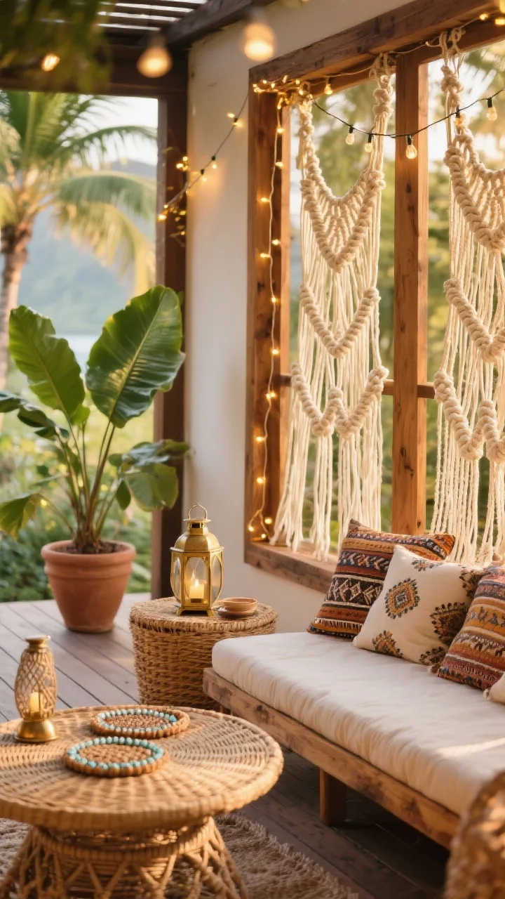 Detail shot, tropical boho deck: timber frames fitted with removable creamy macram&eacute; panels, closeup on knotted patterns filtering warm light; low acacia daybed edge visible with printed kilim pillows; round rattan coffee table texture; monsteras and palms in clay pots blurred in background; brass lantern glint; beaded coasters and woven baskets; warm fairy lights draped across frames creating bokeh; sunlit golden hour, photorealistic.