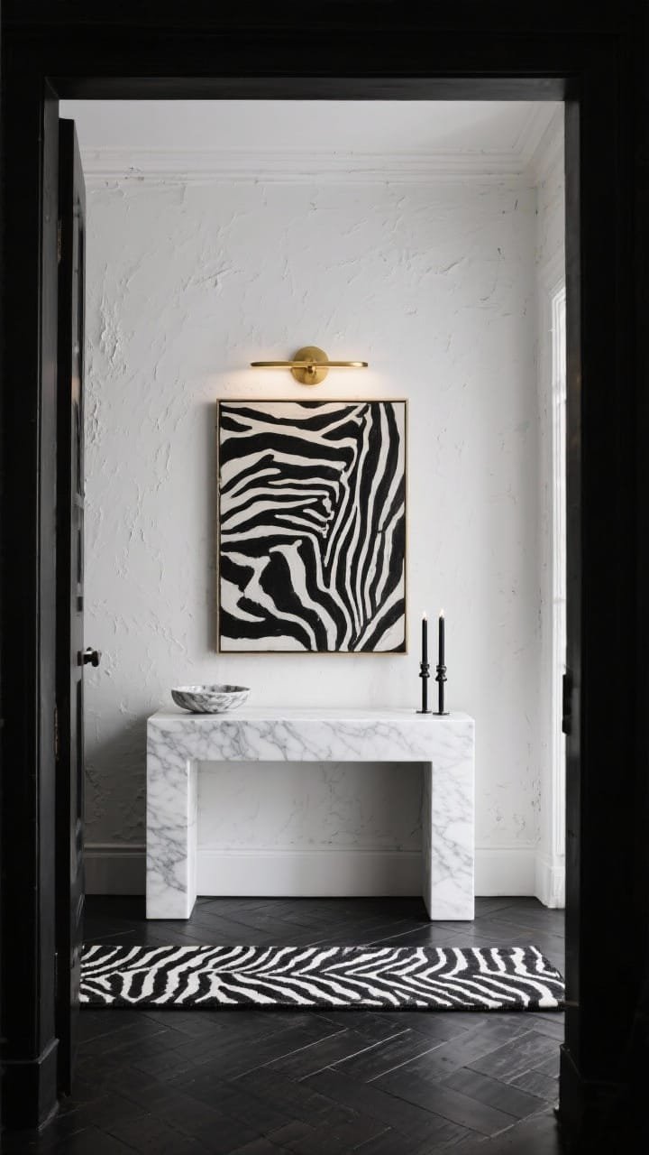 Dramatic medium shot, straight-on: high-contrast monochrome entry with black limewash walls (soft chalky texture), a glossy white console that pops, oversized black-and-white abstract artwork above. Brass picture light illuminating the art, zebra-patterned runner on the floor (or black herringbone rug variant), marble catchall and tall black taper candles on the console. Moody, gallery-like vibe. Palette: black, white, brass. Materials: limewash, lacquer, marble, brass. No people.