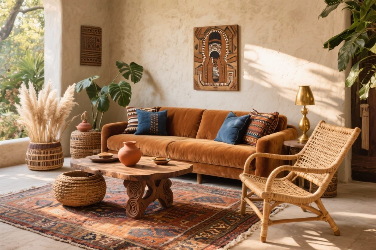 12 Afrohemian Living Room Ideas With Warm Earth Tones & Artisan Textures