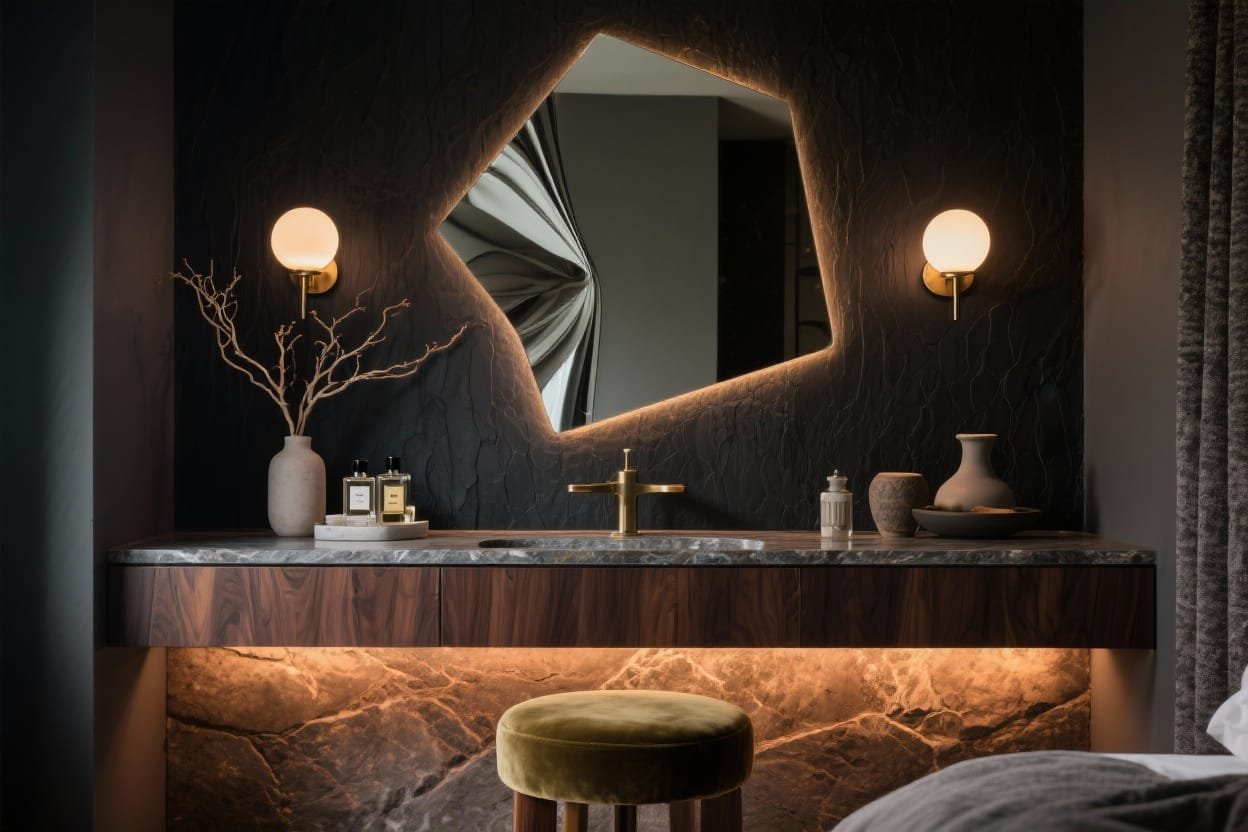7 Moody Bedroom Vanity Setups With Soft Lighting & Sculptural Mirrors