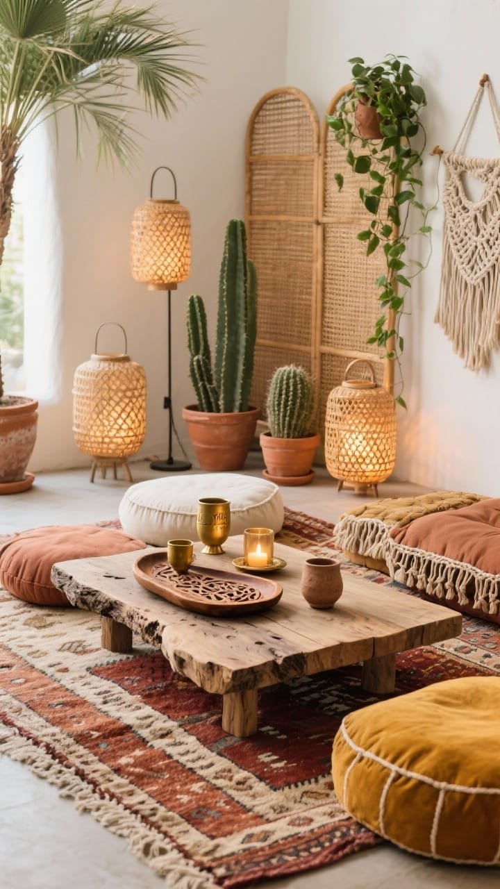 Low-angle, cozy lounge vignette focused on textures: layered kilim rugs in rust and sand tones with floor cushions in clay, saffron, and cream around a raw live-edge low wood coffee table. Cacti in terracotta pots, a woven palm screen creating privacy, and macram&eacute; hangers with trailing pothos. On the table: carved wooden trays, brass tea lights, and hand-thrown ceramic tumblers. Rattan lanterns at varying heights casting warm, patterned light. Palette of sienna, sand, olive, off-white; textures of macram&eacute;, woven palm, rough wood, pottery.