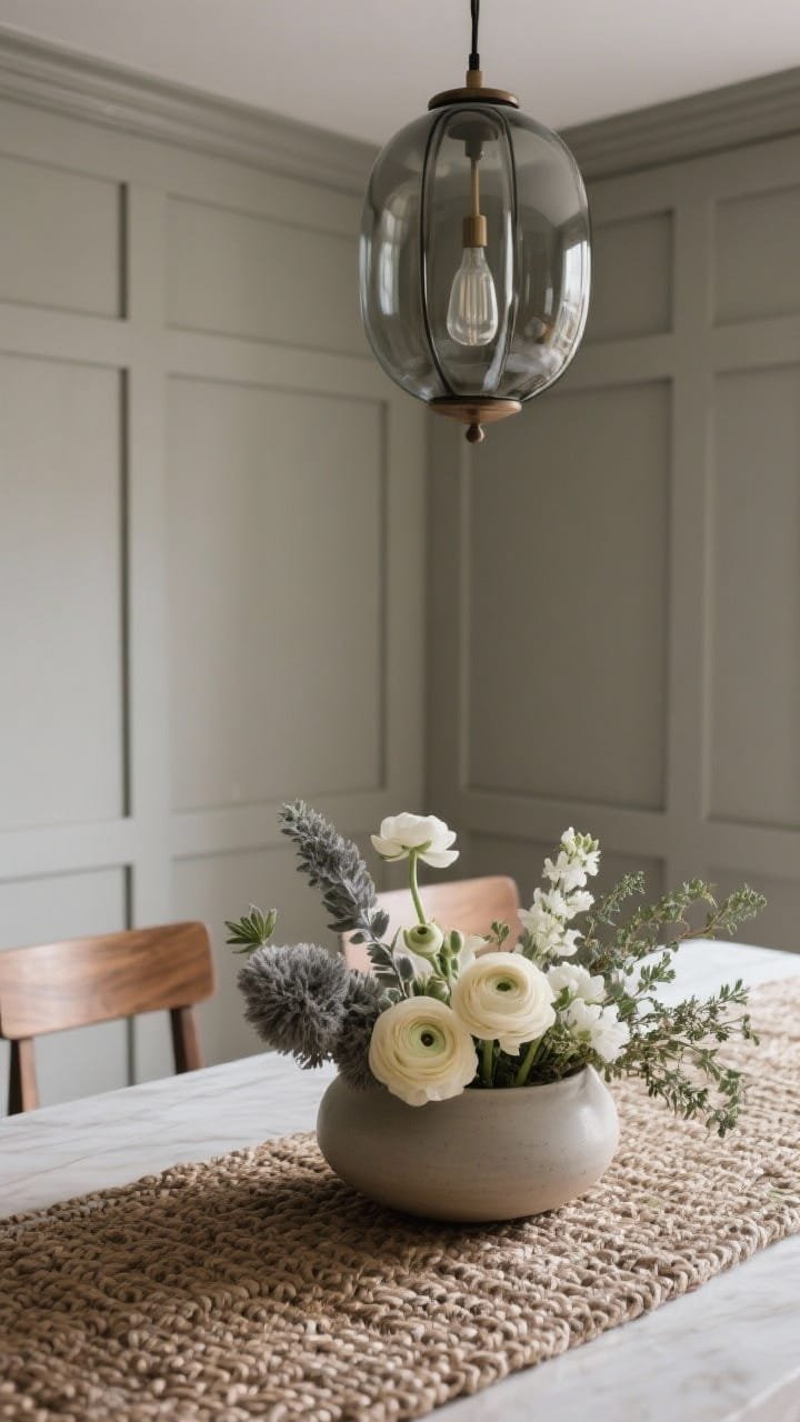 Low, eye-level detail of a shallow ceramic vessel holding a low modern floral: cream ranunculus, dusty miller, white stock, and thyme, arranged asymmetrically so sightlines stay clear. Set on a chunky woven runner with oak Parsons chairs and greige paneled walls; a smoked-glass chandelier overhead adds moody, refined illumination.