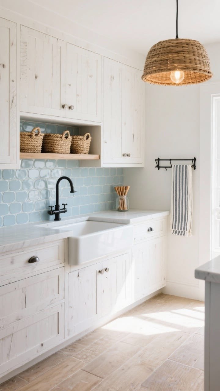 Medium-angle coastal utility scene: whitewashed oak slab cabinets, pale blue-grey penny tile backsplash, slim open shelf with seagrass baskets, farmhouse-inspired utility sink with modern lines, black-and-chrome wall hooks holding a striped runner nearby, glass jar of wooden pegs on the counter; sand-toned plank-look tile flooring; rattan drum pendant with warm bulb casting a sunlit, airy glow; palette of whitewashed wood, blue-grey, soft white; photorealistic.