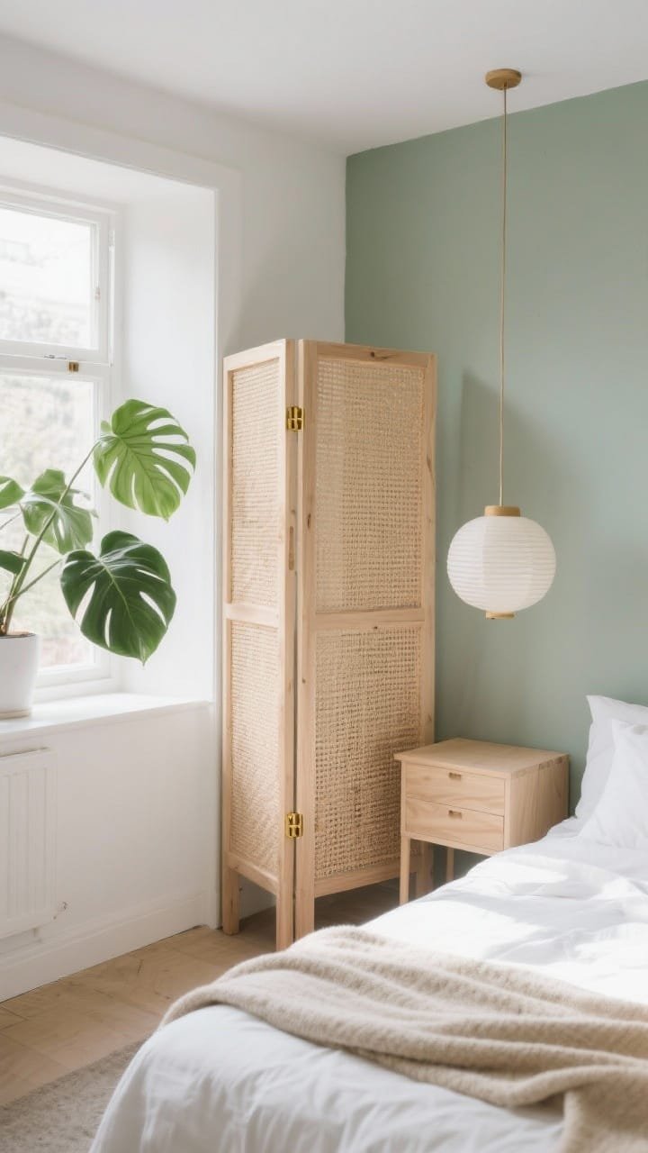 Medium bedroom nook, Scandinavian calm: cane-paneled folding screen with light oak frame and brass piano hinges, placed near window/dressing area; crisp white bedding, plush oatmeal throw; pale ash bedside table; paper lantern pendant; one oversized leafy plant; soft white, pale oak, sage green palette; textures of cane, cotton, brushed oak; soft natural morning light, angled view, photorealistic.