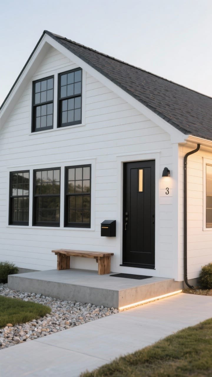 Medium, corner-angle exterior of a &ldquo;Saltbox With Shiplap Serenity&rdquo;: razor-clean horizontal white shiplap siding, grid of black-painted aluminum windows, matte charcoal composite roof. A floating concrete plinth porch with a single weathered teak bench, slim black mailbox, matte black front door with a narrow sidelight, minimal house numbers. A slim band of crushed shell mulch outlining the crisp path, linear wall washer lighting beginning to glow at golden hour. Bright white, charcoal, and weathered wood palette, no decorative frills. Photorealistic.