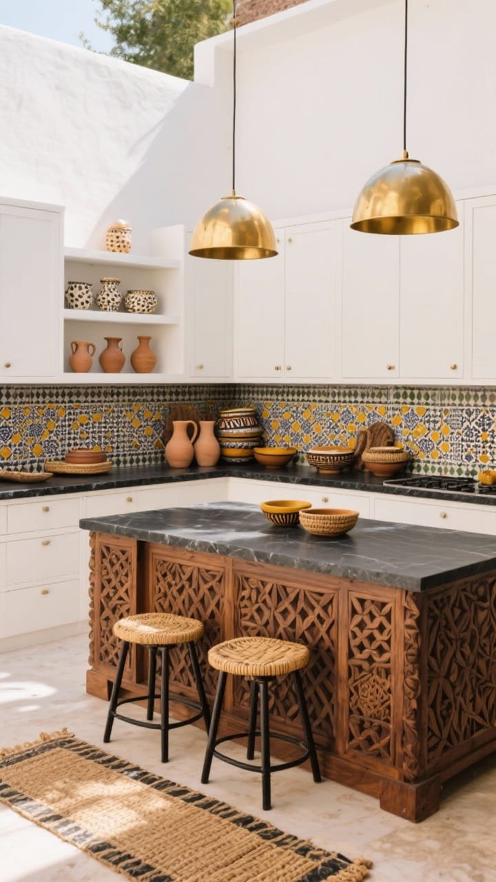 Medium corner angle of a courtyard kitchen highlighting artisan details: matte white wall-to-wall cabinetry, island front clad in carved African mahogany with geometric relief, honed black granite countertops, two glowing brass dome pendants overhead, creamy off-white hand-pressed Moroccan zellige backsplash, slim black metal stools with woven rattan seats, a narrow shelf lined with clay pitchers and lidded baskets, open shelves displaying speckled stoneware and bold patterned West African bowls, a saffron-and-onyx woven runner underfoot; warm, functional, and sunlit; photorealistic.