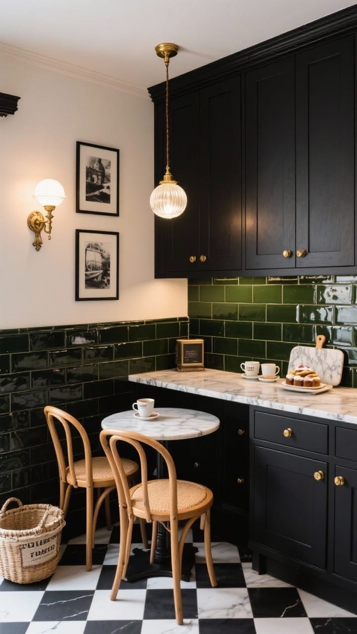 Medium corner-angle shot of a Charcoal European Bistro setup: charcoal shaker cabinets with brass cup pulls, black marble-look countertop with white veining, glossy dark green/black subway tile backsplash. Milk-glass globe pendants with brass caps overhead, antique-style wall sconces flanking framed black-and-white prints. A petite caf&eacute; table with two bentwood-style chairs, marble pastry board, vintage-style espresso mugs, and a French market basket on the floor. Black-and-white check peel-and-stick tiles on the floor, warm, romantic caf&eacute; glow.