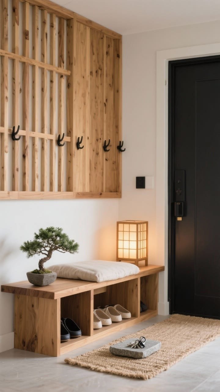 Medium corner-angle shot of a Japandi entry: slatted oak feature wall with concealed hooks, floating wood bench with a linen cushion, pull-out shoe cubby slightly ajar. Low shoji-style lantern casting warm glow, jute runner on the floor, stone tray for keys on the bench, a small bonsai adding life. Warm, serene atmosphere. Palette: honey oak, soft beige, warm white with inky black accents. Materials: oak, linen, stone, jute. No people.