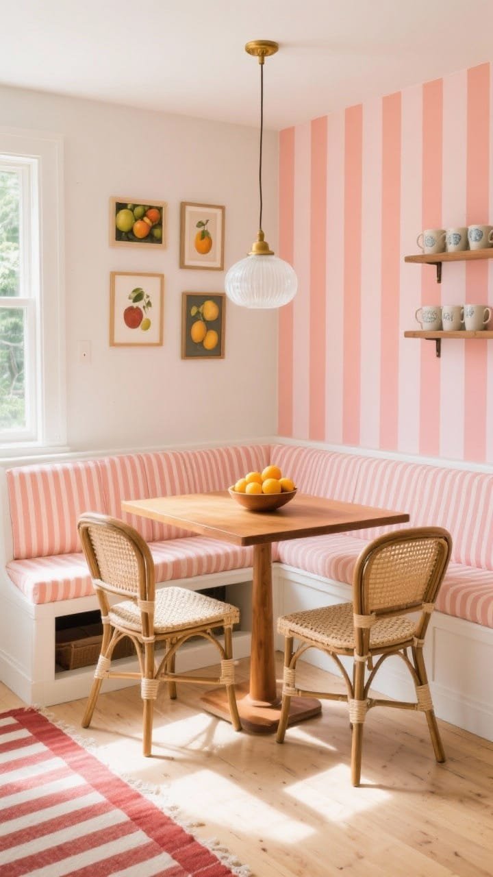 Medium, corner-angle view of a sunny breakfast nook with a single feature wall in vertical blush-and-coral stripes. Built-in white bench seating with hidden storage wraps the corner, topped with striped seat cushions in a tighter blush/coral pattern. A petite warm oak bistro table sits in front, flanked by two rattan caf&eacute; chairs. Add a milk-glass globe pendant with a brass cap overhead, a mini gallery of fruit still lifes in mismatched frames on the adjacent wall, and open shelves with ceramic mugs. Pale wood flooring with a narrow red-and-cream ticking runner; bowl of citrus on the table; bright morning light.