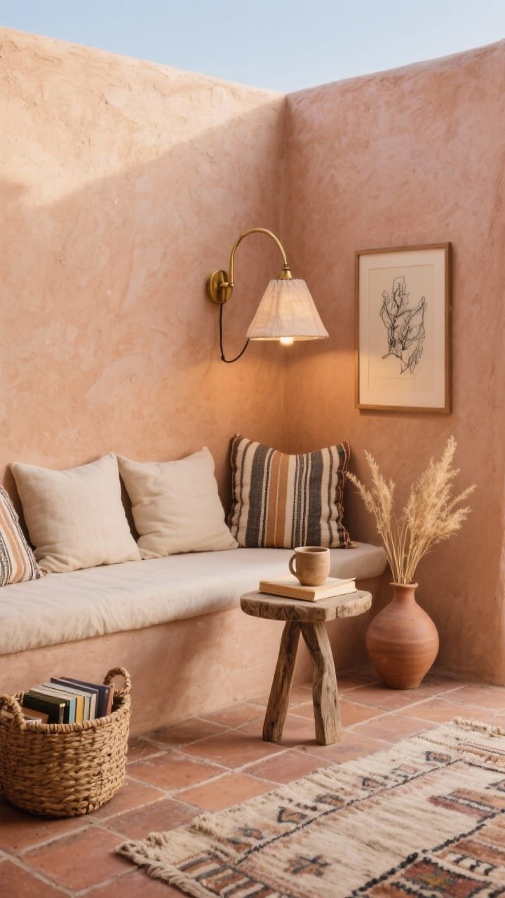 Medium corner shot of a desert reading nook with textured pale terracotta plaster walls; built-in plaster bench with thick unbleached-canvas cushions and striped kilim pillows; small rough-hewn side table holding a ceramic mug and a single sprig of dried grass; brass swing-arm sconce with linen shade casting warm reading light; hand-formed terracotta tile floor with a faded Berber rug layered on top; woven basket for books, low earthenware vase, and a framed charcoal sketch; palette of clay, adobe, and sienna; calm, sunbaked quiet
