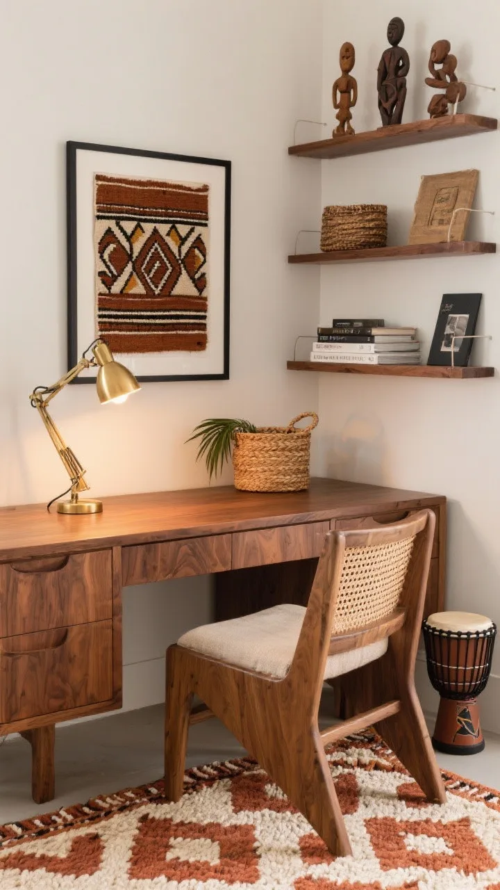 Medium home office corner: mid-tone wood desk showing grain, paired with a cane-back chair with linen cushion; framed Kuba cloth panel centered above the desk; floating wooden shelves holding hand-carved figures, small woven baskets, and design books; flatweave rug with geometric pattern in rust and cream underfoot; adjustable wood-and-brass task lamp with warm bulb on the desk; palm fibre basket for cord management; a small talking drum as a playful objet on a shelf. Color palette terracotta, espresso, flax, matte black. Creative, textural, warm task lighting.