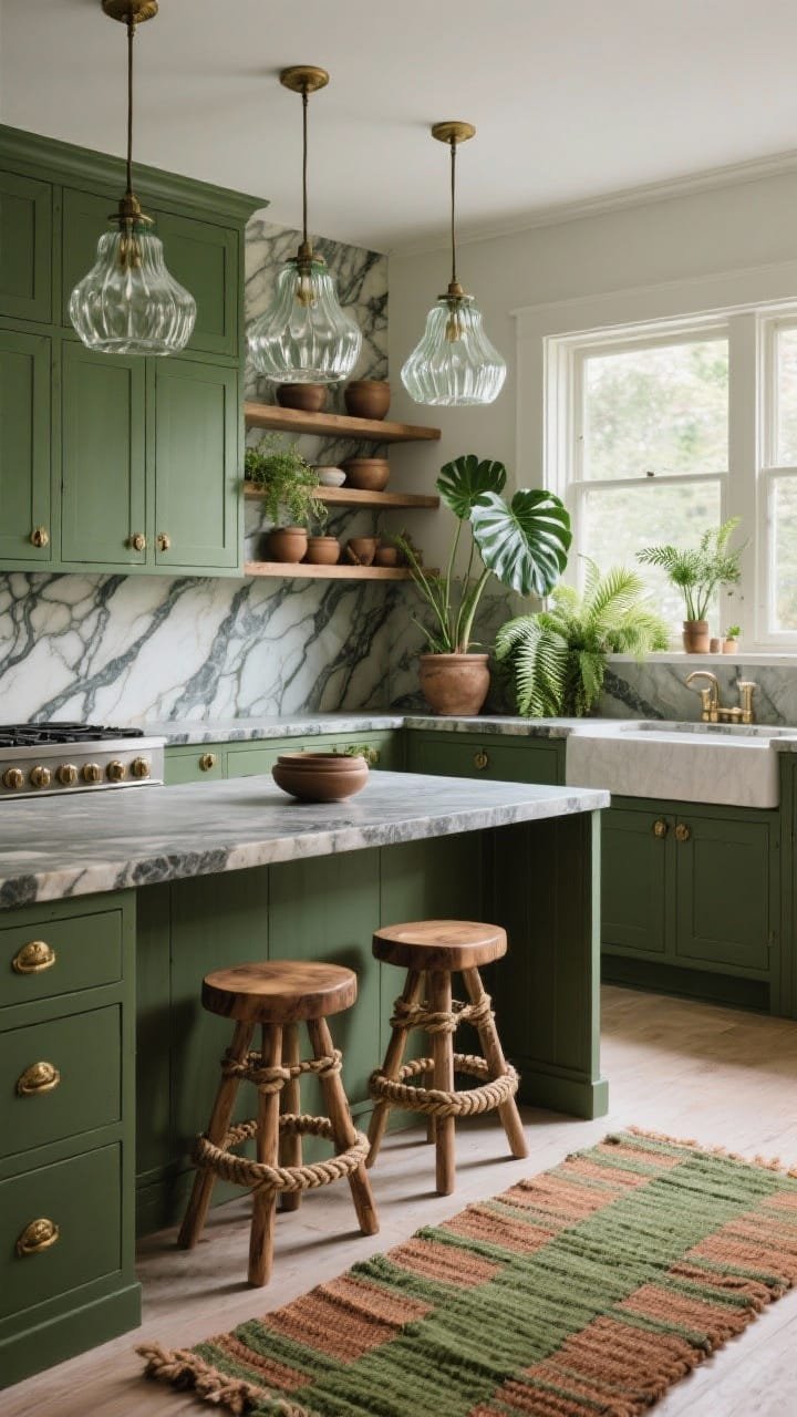 Medium kitchen view emphasizing deep fern green cabinetry with aged brass hardware and honed soapstone counters and full-height veined backsplash like river lines; substantial waterfall-edge island with three rope-wrapped natural oak stools; open shelves holding earthy stoneware; trio of rippled glass pendants catching morning light; window ledge lined with ferns and herbs, potted monstera in a corner; hand-loomed runner in moss and clay; tactile, grounded, ritual-driven mood; photorealistic