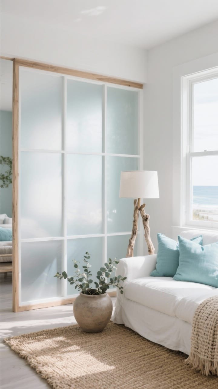 Medium living room divider, coastal: frosted acrylic sheets mounted in white oak frames forming a modern shoji-inspired privacy screen, diffusing sunlight; slipcovered white sofa; sea-glass blue pillows; woven seagrass rug; driftwood-style floor lamp; large vessel with eucalyptus; palette of white oak, seafoam, soft gray; textures of seagrass, linen, frosted acrylic; soft coastal daylight from windows, side angle, photorealistic.