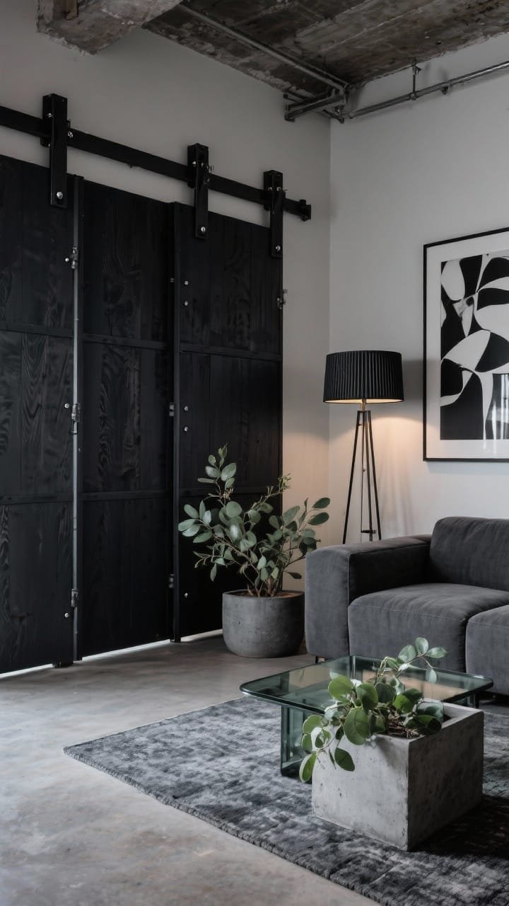 Medium loft corner, industrial: sliding privacy panels on matte black metal rails, framed plywood panels finished in blackened stain; exposed bolts and flat steel hardware; charcoal modular sofa; ribbed glass floor lamp; black-and-white abstract print on wall; slate area rug; concrete planters with eucalyptus; palette of charcoal, black, smoked glass, eucalyptus green; moody ambient lighting, corner angle, photorealistic.