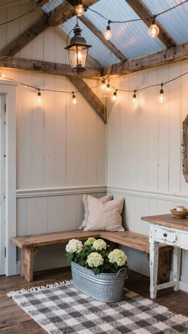 Medium nook, rustic farmhouse: vertical shiplap privacy screens painted soft greige with chunky trim and a narrow ledge to mimic millwork; vintage-inspired arbor overhead; buffalo-check rug beneath a simple wood bench with flax-linen cushions; galvanized trough planter brimming with hydrangeas; warm bistro string lights draped overhead, and a distressed white console table for serving; twilight glow enhancing coziness; colors greige, flax, white, galvanized steel; materials pine shiplap, linen, zinc; corner angle, photorealistic.
