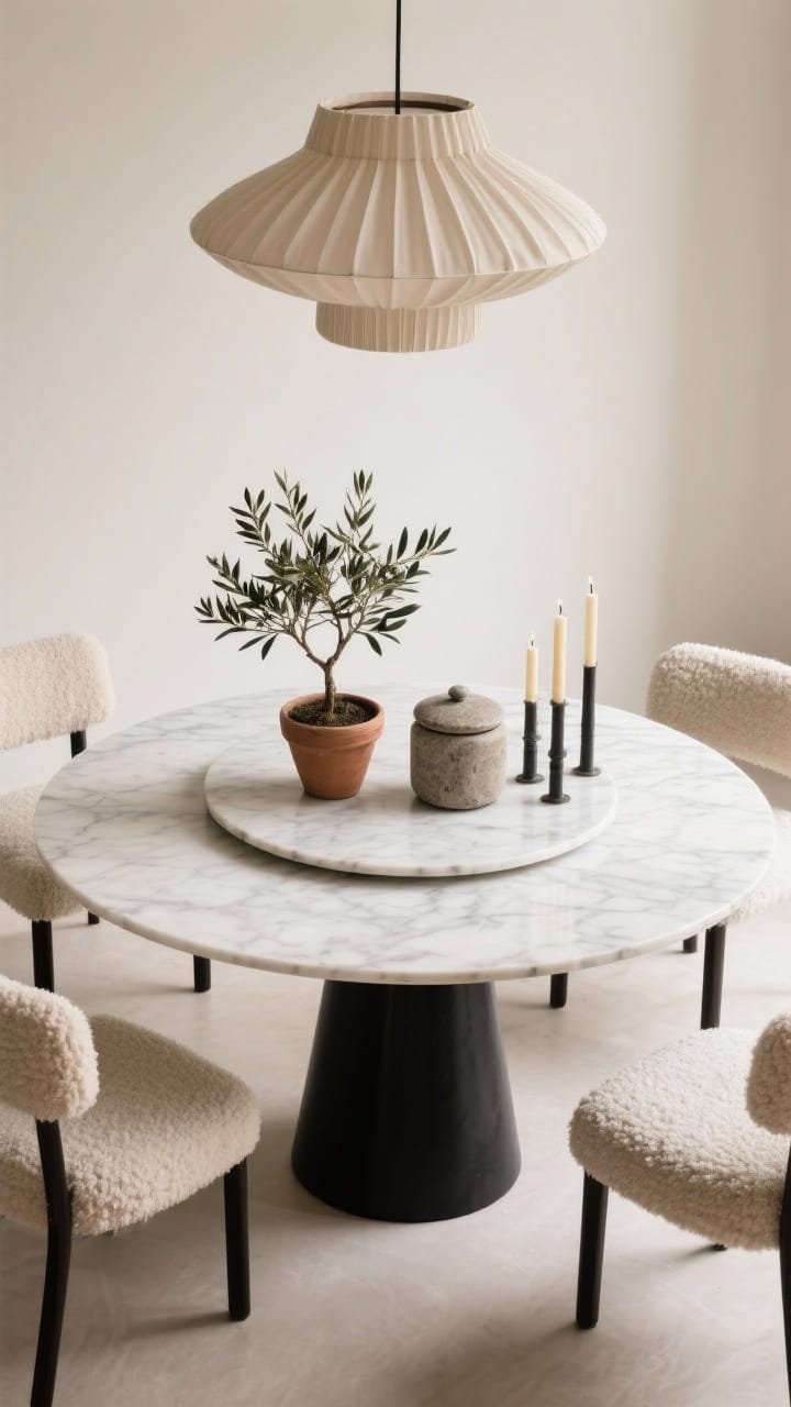 Medium overhead-to-oblique angle of a round marble lazy Susan styled with a small olive tree in a clay pot, a lidded stone canister, and a trio of taper candles. Set on a round pedestal table with boucle end chairs; a pleated fabric shade pendant above. Tones are bone, sand, and soft black for a Euro-minimal aesthetic.