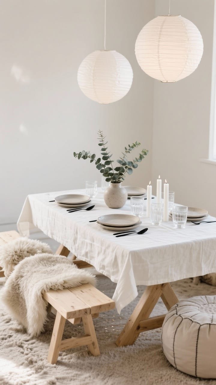 Medium, serene Scandinavian pocket picnic: bleached wood bench and folding trestle table draped with a crisp cream linen tablecloth. Seating features sheepskin throws and neutral floor poufs. Tabletop includes stoneware plates in soft greige, clear glassware, matte black flatware, a low vase of eucalyptus, and a cluster of white pillar candles in simple glass sleeves. Overhead, soft-lit paper globe lanterns. Palette: cream, oat, greige, black accents; materials: linen, blonde wood, stoneware; airy, diffuse daylight.