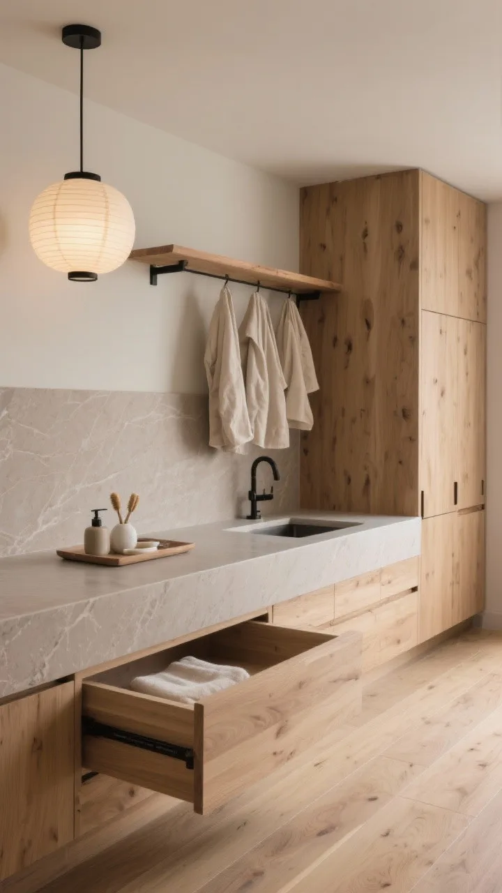 Medium serene vignette, Japandi Zen Zone: natural oak cabinets, light taupe quartzite counter flowing into a seamless slab backsplash, timber hanging rail with a few neutral garments, linen-lined drawers partially open to show delicate storage, low-profile ceramic tray with hand soap and brushes; wide-plank oak or wood-look porcelain floor; paper lantern flush mount emitting diffused glow; palette of oat, sand, taupe with subtle matte black accents; calm, spa-like, photorealistic.