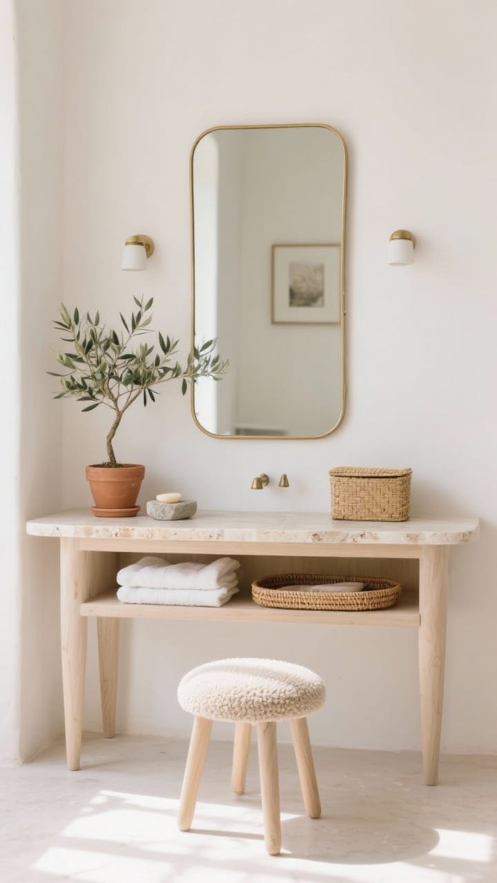 Medium shot, airy setup: pale ash vanity on delicate tapered legs with an open shelf holding folded linen towels and a rattan tray; honed travertine top. Narrow rectangular mirror with a satin-brass pencil edge, two tiny picture lights mounted above for subtle gallery vibes. Palette of pale ash, ivory, wheat; petite olive tree in terracotta pot, stone soap, straw lidded box. Boucle vanity stool with rounded corners; bright sunlit ambiance, soft shadows.