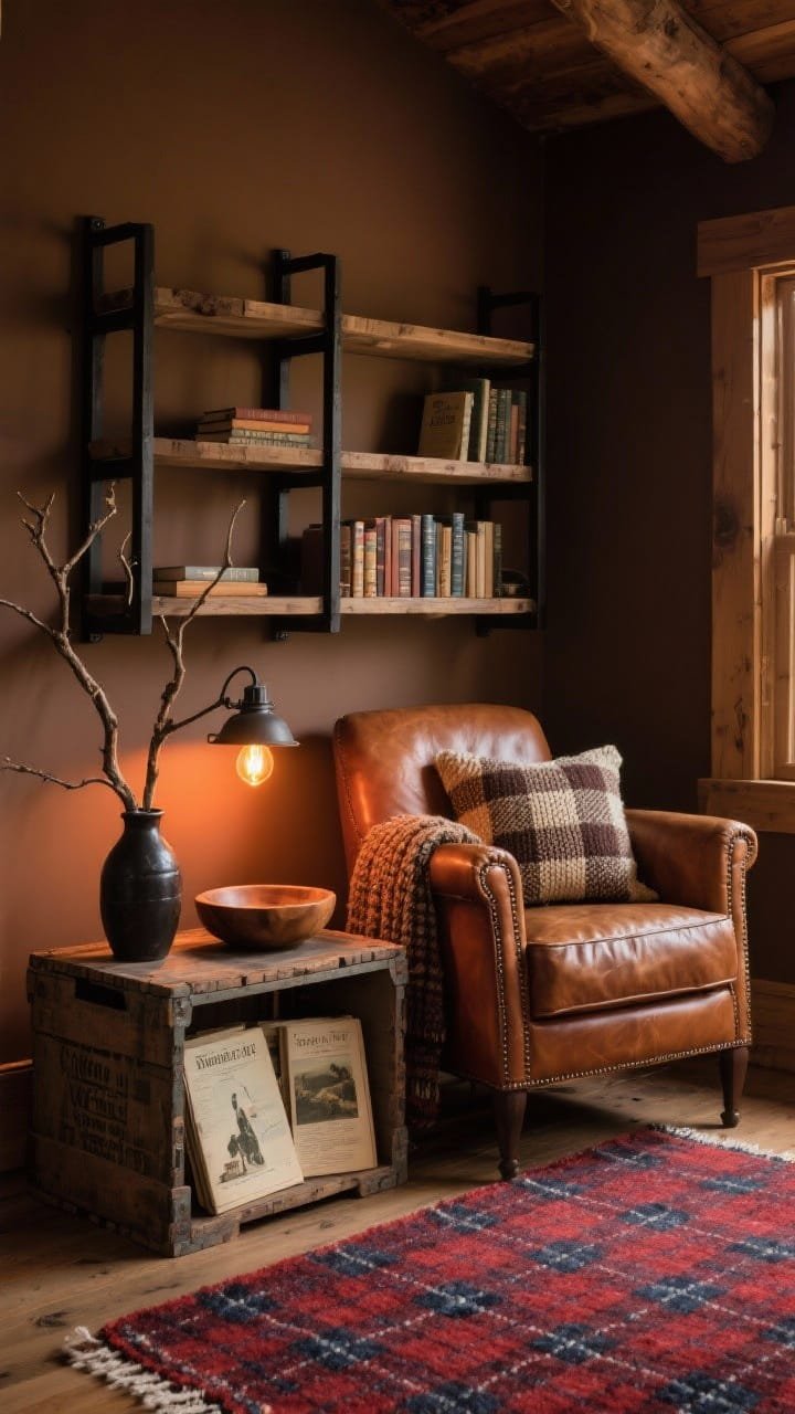 Medium shot, angled: A cabin-glow corner with tobacco brown walls (Sherwin-Williams Leather Bound), a black iron bookshelf with chunky wood shelves, and a caramel leather club chair set at an angle. An aged-iron task lamp illuminates an antique crate used as a side table, styled with vintage field guides and a wooden bowl. A plaid wool rug in deep red and navy grounds the scene. A foraged branch stands in a dark vase; warm Edison bulbs cast amber light. Textured knit throw and buffalo check pillow add tactile warmth, photorealistic.