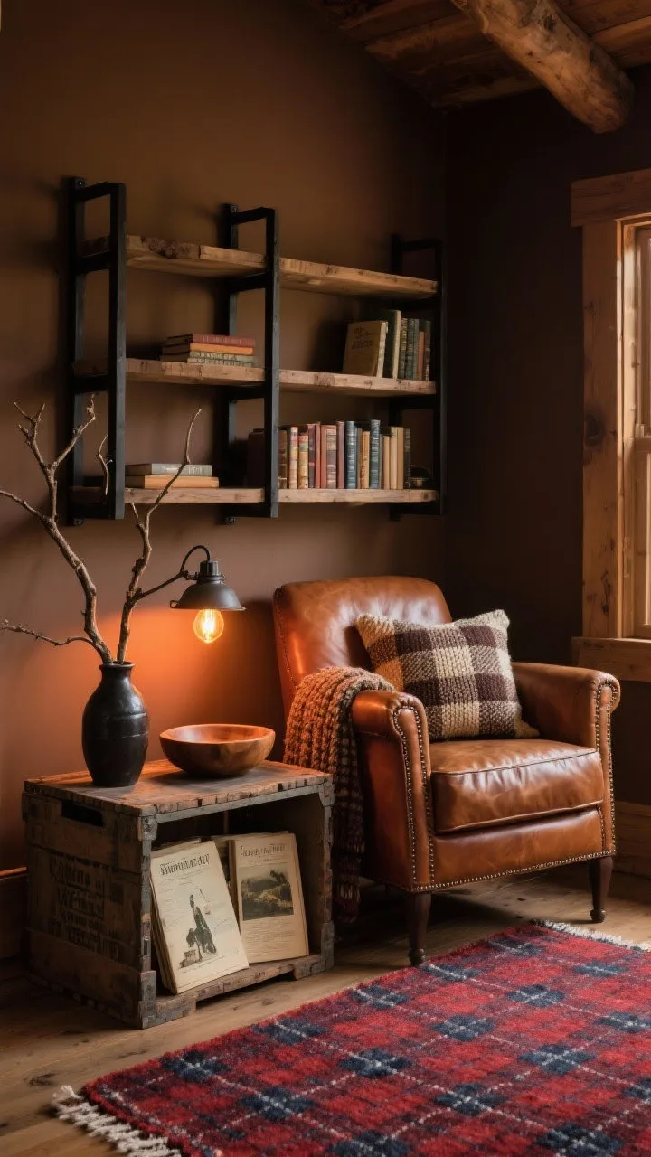 Medium shot, angled: A cabin-glow corner with tobacco brown walls (Sherwin-Williams Leather Bound), a black iron bookshelf with chunky wood shelves, and a caramel leather club chair set at an angle. An aged-iron task lamp illuminates an antique crate used as a side table, styled with vintage field guides and a wooden bowl. A plaid wool rug in deep red and navy grounds the scene. A foraged branch stands in a dark vase; warm Edison bulbs cast amber light. Textured knit throw and buffalo check pillow add tactile warmth, photorealistic.