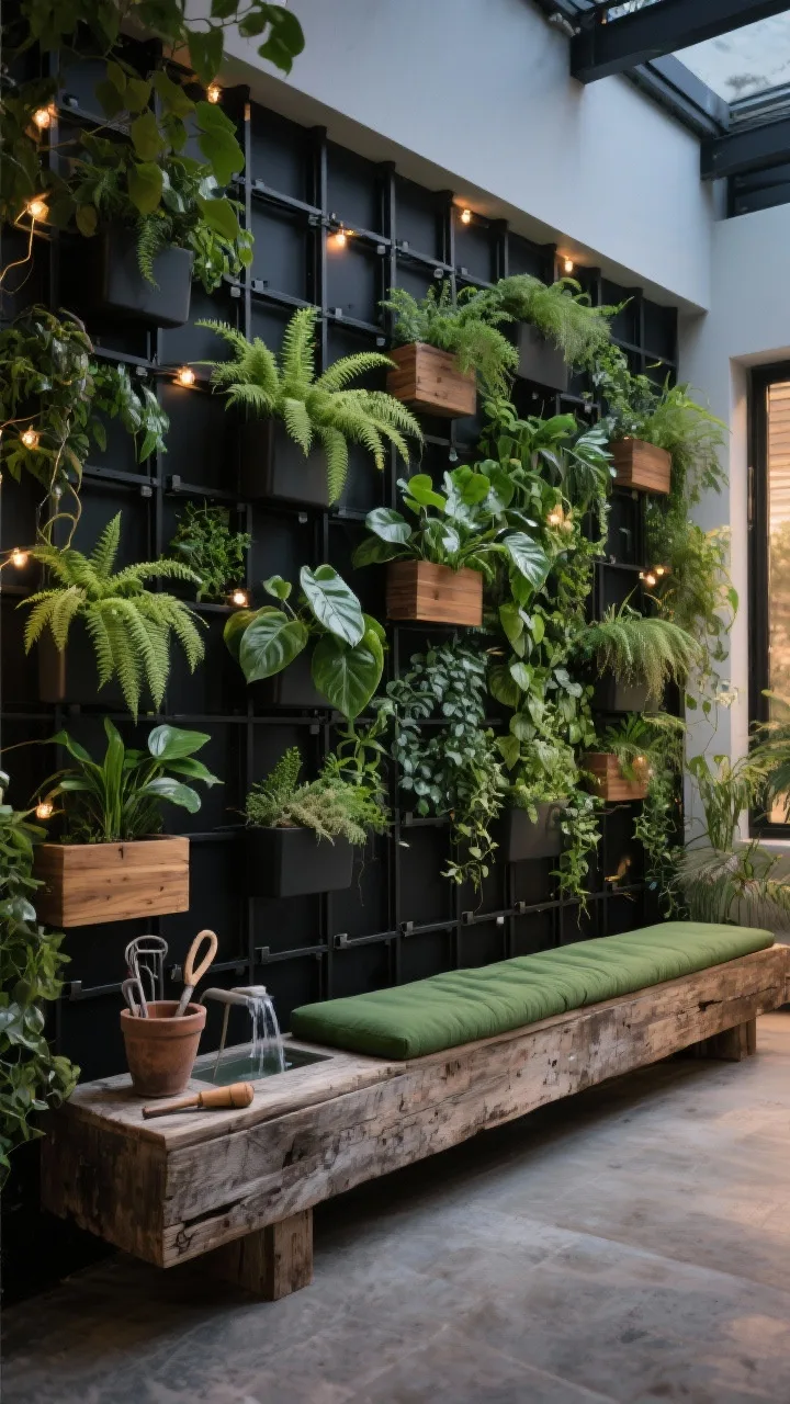 Medium shot, botanical living wall: matte-black modular grid trellis system densely planted with clip-on planter boxes of ferns, pothos, and ivy, mixing leaf sizes and gloss; narrow bench with forest-green cushions in front; a weathered wood console with potting tools and a small water feature trickling nearby; evening ambience with fairy lights woven through the trellis; colors layered greens, black, weathered wood; materials powder-coated trellis, resin planters, teak; straight-on view, photorealistic.