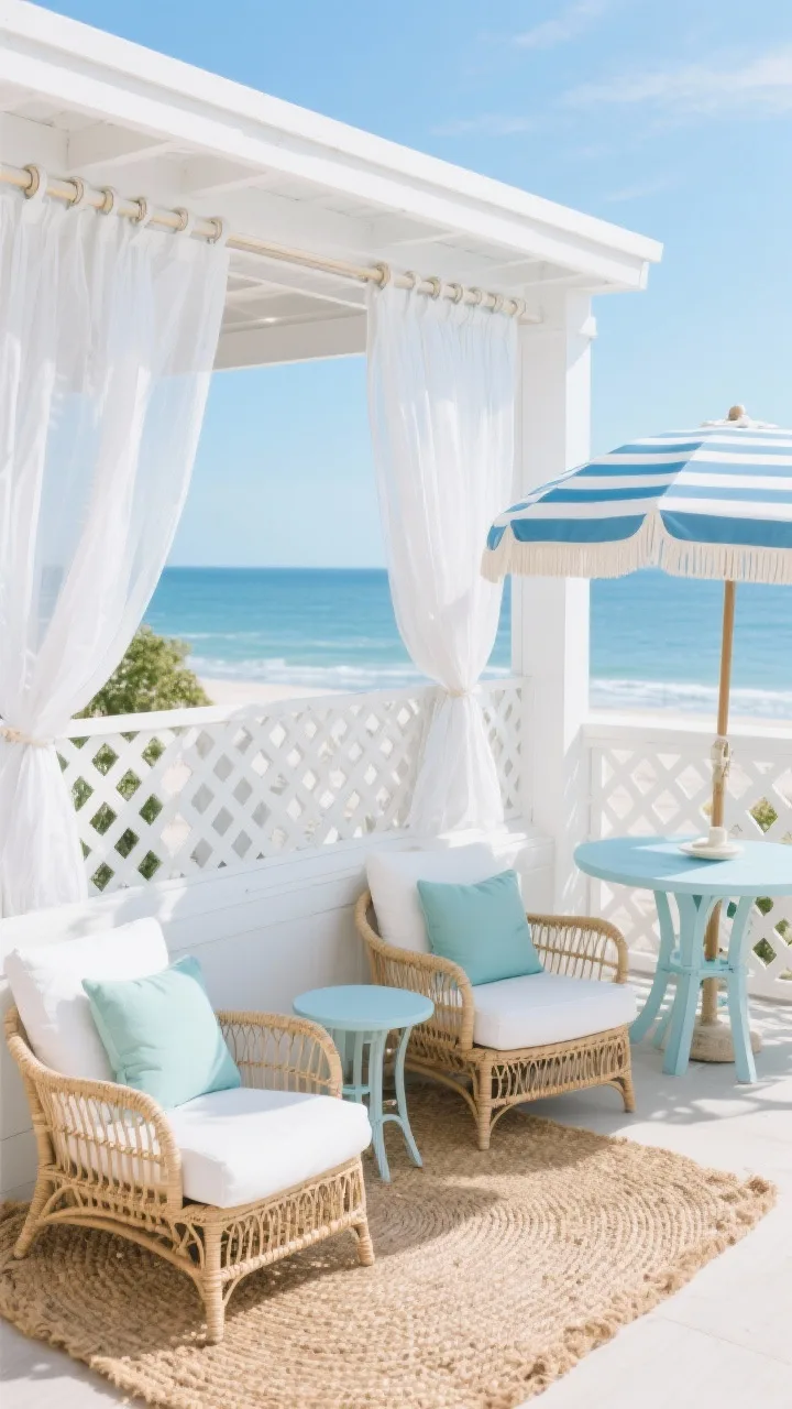 Medium shot, breezy coastal cabana: a white vinyl lattice screen with billowy sheer outdoor curtains overlapping on double rods; natural jute-look rug under woven rattan lounge chairs with crisp white cushions; sky-blue and seafoam pillows, a painted pale-blue bistro table, and a large striped beach umbrella; bright, airy daylight with soft ocean-breeze vibe; colors white, sky blue, seafoam, natural rattan; materials vinyl lattice, sheer polyester, rattan; corner angle, photorealistic.