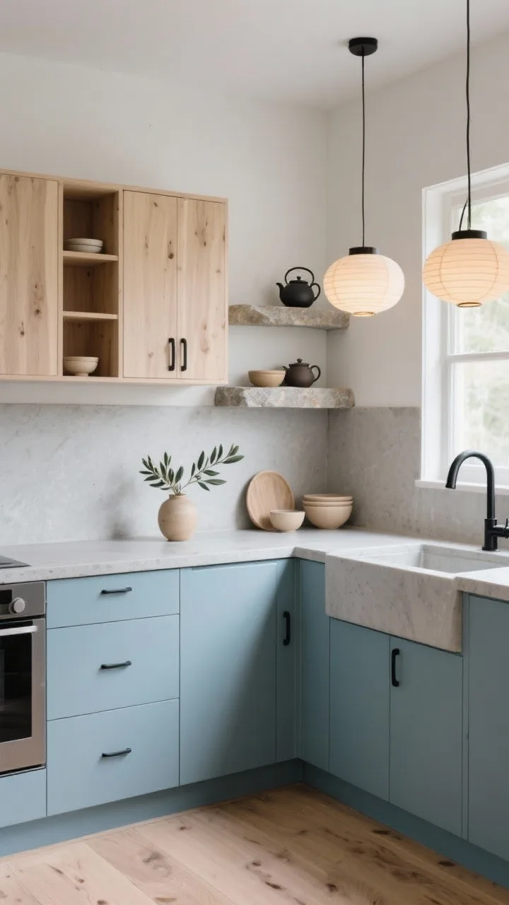 Medium shot, calm corner angle: A Japandi Glacier Blend kitchen with muted glacier blue base cabinets and natural white oak uppers featuring open cubbies. Continuous concrete-look porcelain countertop that wraps into a short backsplash for a seamless line. Stone-ledge shelving mounted like floating slabs displaying bowls and teapots. Slim black pull tabs, matte black gooseneck faucet. Paper lantern pendants with warm-dim bulbs, pale oak flooring laid in quiet planks without thresholds. Minimal decor: sand-toned ceramics and a low vase with olive branches. Soft, zen morning light. Photorealistic.