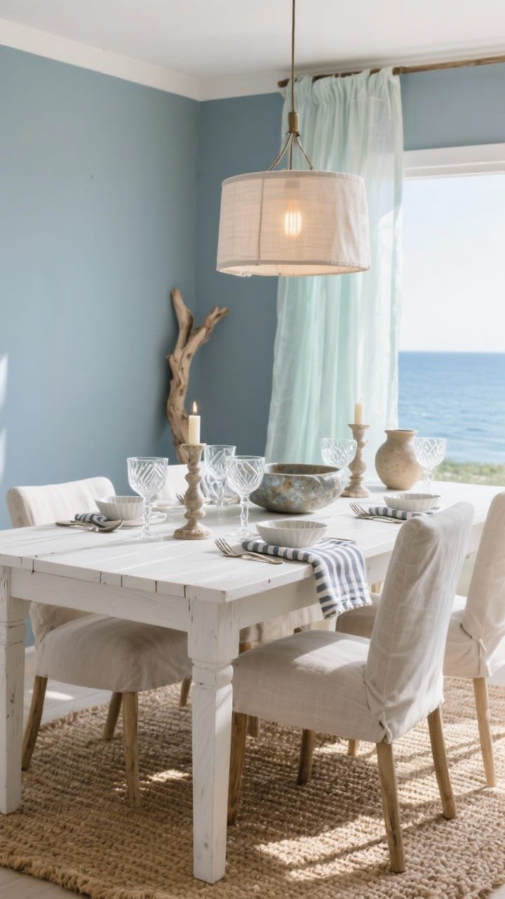 Medium shot &mdash; Coastal modern dining vignette centered on a white oak farmhouse table with slipcovered linen chairs over a woven jute rug. Sheer drapes glow in soft natural light against a blue-gray wall reminiscent of an ocean horizon. Focus on rippled crystal coupe glasses with shallow bowls and delicate ridges catching sunlight like water, sparkling with reflective highlights. Table styling includes soft striped napkins, hammered flatware, stone candlesticks, a driftwood bowl, and hand-thrown pottery with a salt glaze. Overhead linen drum pendant with warm dimmable bulbs visible in frame. Palette: seafoam, sand, driftwood, crisp white. Corner angle, late afternoon glow, photorealistic.
