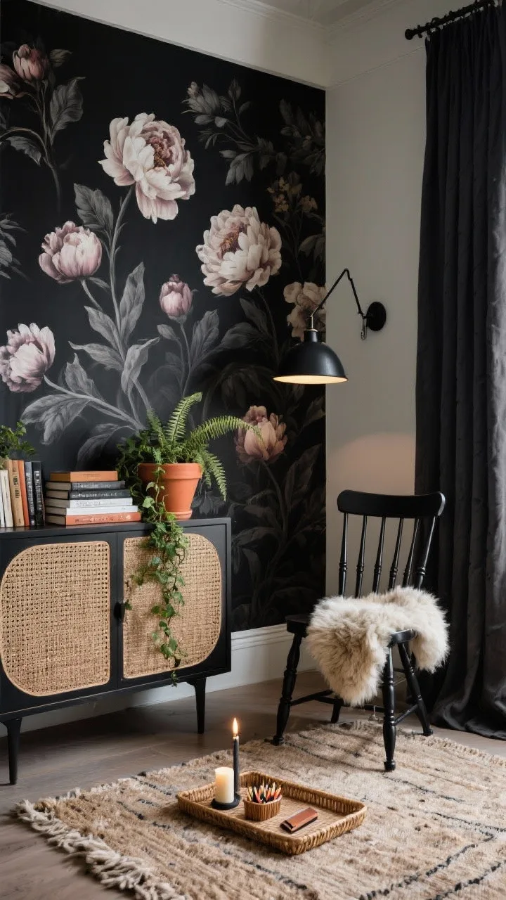 Medium shot, corner angle: A botanical gothic reading corner with a dark floral wallpaper wall (oversized peonies on charcoal). A cane-front cabinet serves as a mini book buffet topped with stacked reads and a trailing plant. A black spindle-back accent chair is softened with a sheepskin throw. A matte black swing-arm sconce provides focused light; terracotta pots with ferns and ivy add life. A rattan tray corrals matches, a candle, and bookmarks. Jute-and-wool blend rug underfoot, charcoal linen curtain framing the scene. Lush, moody, photorealistic.