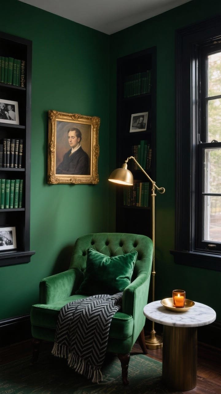 Medium shot, corner angle: A moody emerald-green alcove (Benjamin Moore Essex Green) with two narrow black bookcases flanking a window, centered by a moss green tufted velvet armchair. A brass pharmacy floor lamp arcs over a petite round marble side table holding a small brass dish and an amber glass candle. Above the chair, a gilt-framed oil portrait hangs; shelves styled with leather-bound books, deep green spines, and black-and-white photos. Add a charcoal herringbone throw and a velvet pillow on the chair. Soft, warm lamp glow, evening ambience, photorealistic.